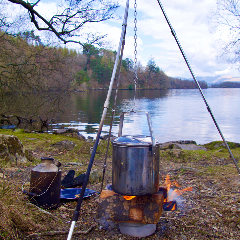 smoke rises from the wood kettle