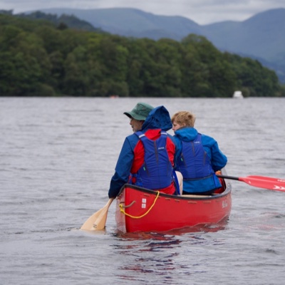 two canoists from behind.