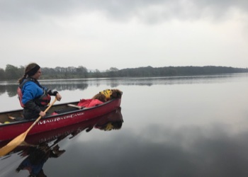 lady and dog paddle tranquil loch.