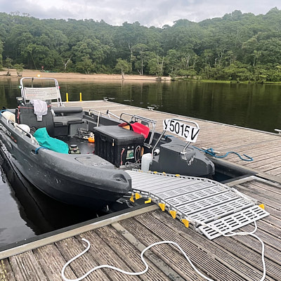 Powerboat with big ramp extended