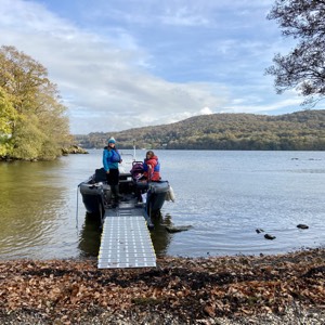 Powerboat with big ramp extended