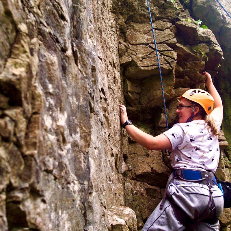 Climber looks upwward